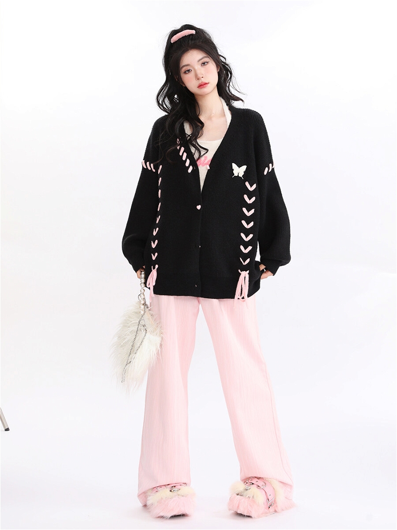 Lazy Style Black Pink Love Knit Cardigan