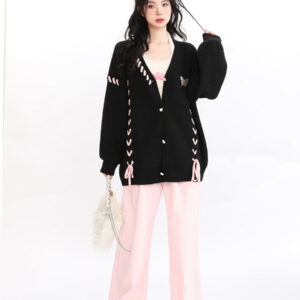 Lazy Style Black Pink Love Knit Cardigan Black kawaii