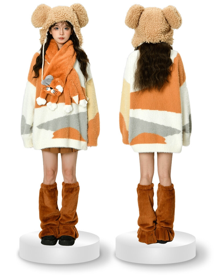オレンジ漫画猫コントラストカラーオフショルダーセーター
