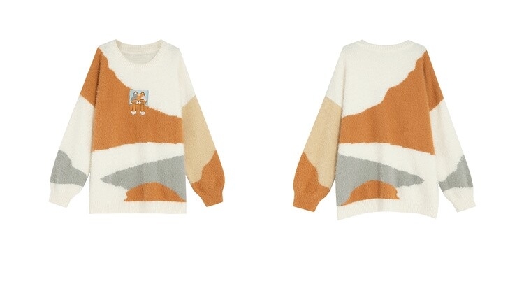 Orange Cartoon Cat Contrast Color Off-Shoulder Sweater