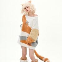 Pull à épaules dénudées de couleur contrastée chat de dessin animé orange automne kawaii