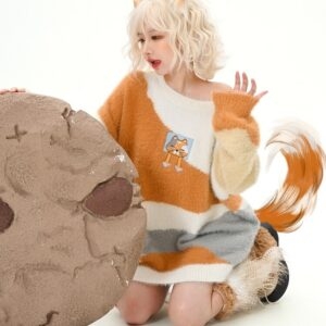Orange Cartoon Cat Contrast Color Off-Shoulder Sweater autumn kawaii