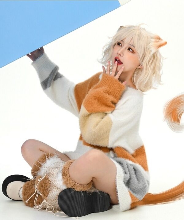 오렌지 카툰 고양이 배색 오프 숄더 스웨터 가을 카와이