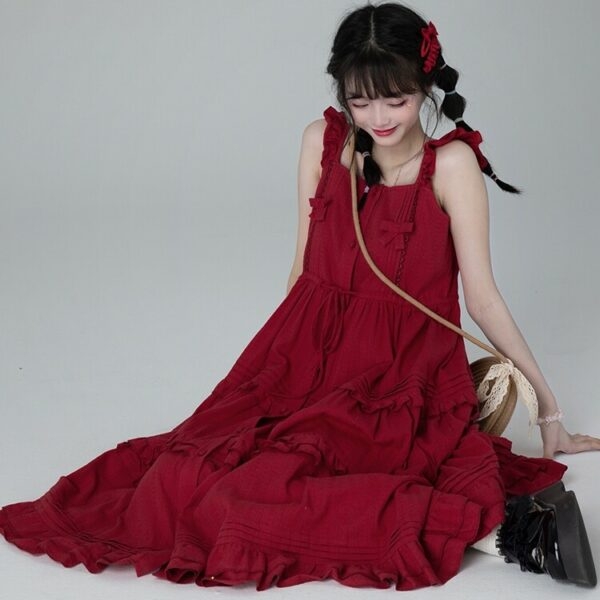 Vestido con tirantes rojos de estilo dulce y lindo falda pastel kawaii