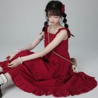 Vestido con tirantes rojos de estilo dulce y lindo falda pastel kawaii