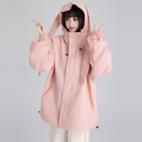 스위트 스타일 핑크 토끼 귀 방풍 재킷 가을 카와이