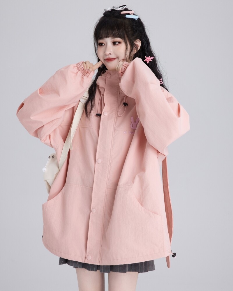 스위트 스타일 핑크 토끼 귀 방풍 재킷