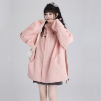 Sweet Style Pink Bunny Ears Windproof Jacket autumn kawaii