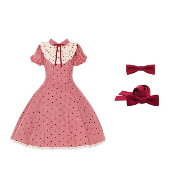 Rosafarbenes, kariertes, bedrucktes Lolita-Kleid im süßen Stil Kawaii-Lolita-Kleid