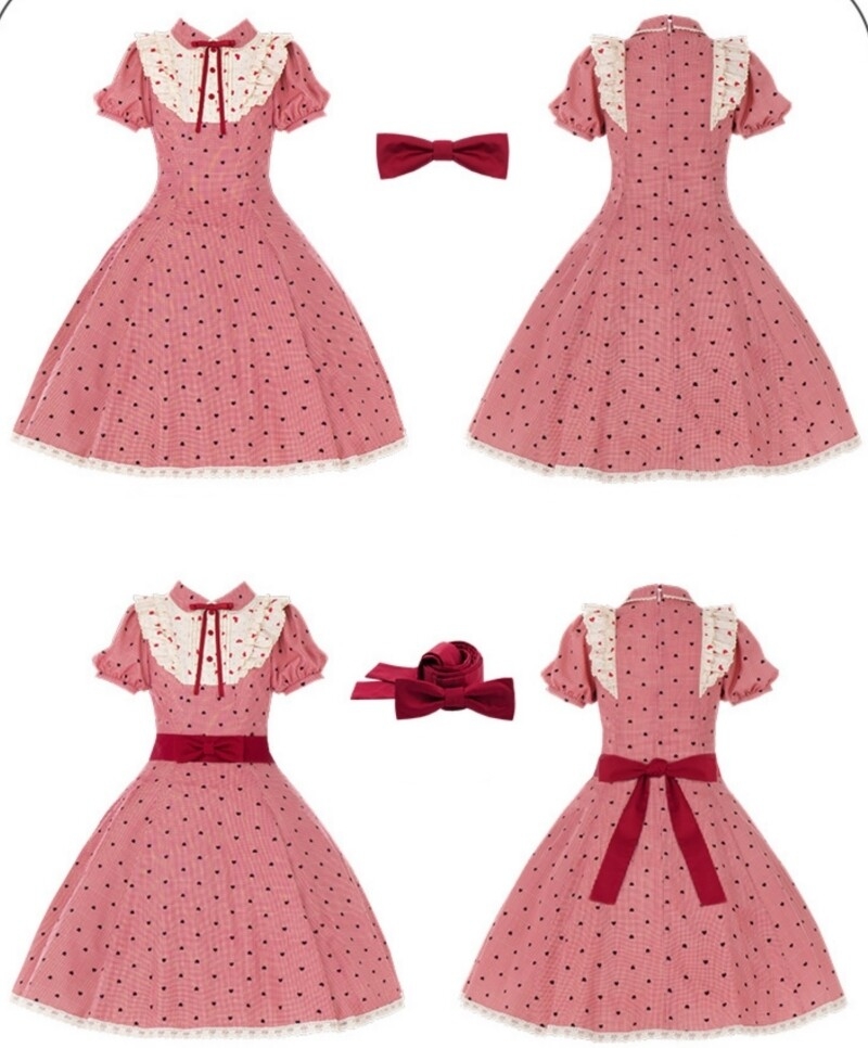 Rosafarbenes, kariertes, bedrucktes Lolita-Kleid im süßen Stil