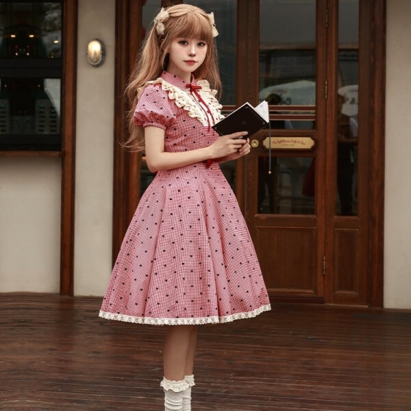 스위트 스타일 핑크 격자 무늬 프린트 로리타 드레스 로리타 드레스 카와이