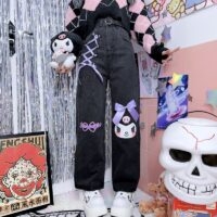 Lindos jeans japoneses estilo Harajuku con estampado Kuromi kawaii estético