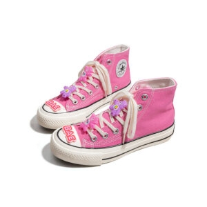 Bonito arco-íris urso rosa sapatos de lona de cano alto sapatos de lona kawaii