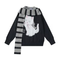 Suéter bordado gatinho fofo e doce estilo desenho animado outono kawaii