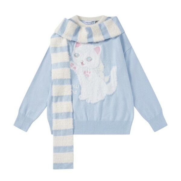 Suéter bordado gatinho fofo e doce estilo desenho animado outono kawaii