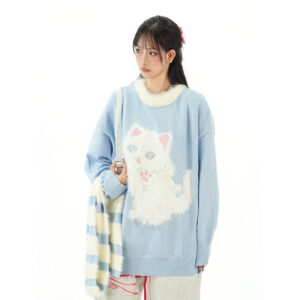 Cute Sweet Girl Style Cartoon Kitten Embroidered Sweater autumn kawaii