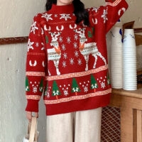 Suéter vermelho bordado com alce estilo natalino retrô Natal kawaii