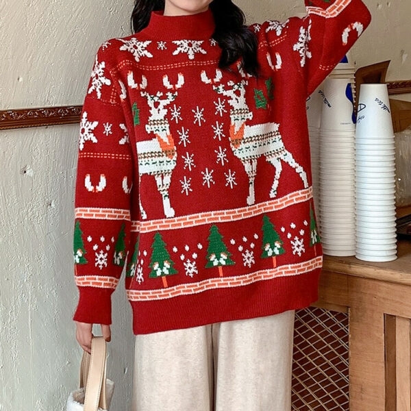 Красный свитер с вышивкой лося в стиле ретро в рождественском стиле Рождество каваи
