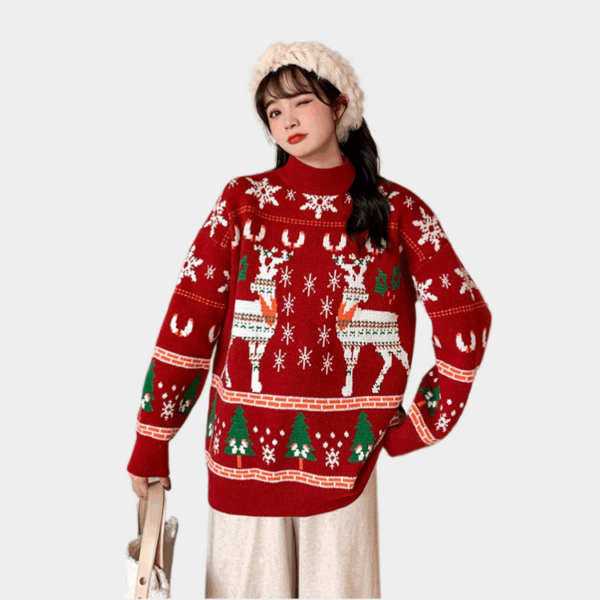 Czerwony sweter z haftowanym łosiem w stylu retro w stylu bożonarodzeniowym Świąteczny kawaii