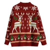 Retro Christmas-style Elk Embroidered Red Sweater Christmas kawaii