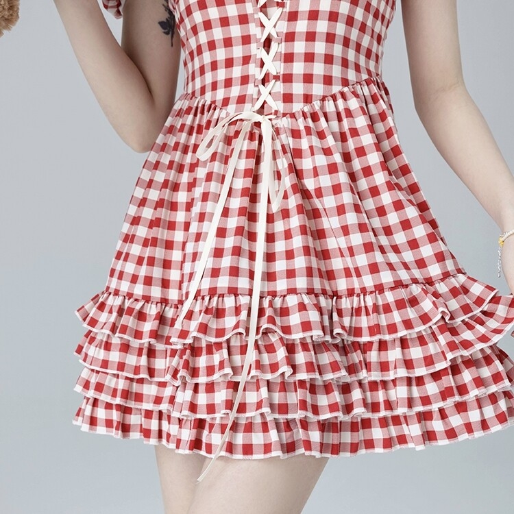 Sweet Ballet Style Red Plaid Strappy Dress