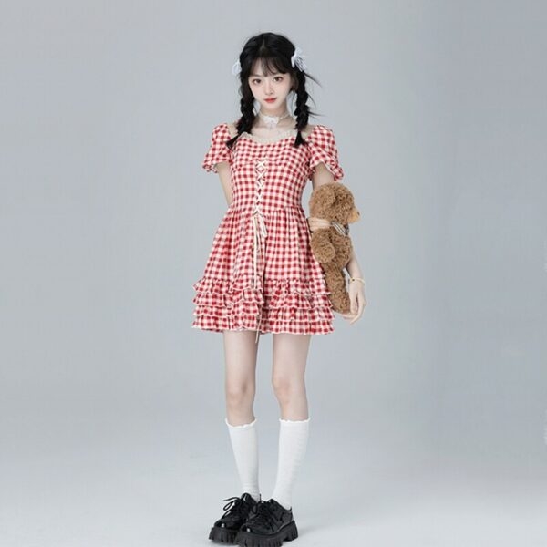 Sweet Ballet Style Red Plaid Strappy Dress ballet style kawaii