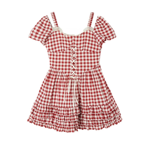 Sweet Ballet Style Red Plaid Strappy Dress ballet style kawaii
