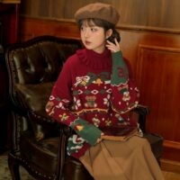 Suéter de cuello alto con osito navideño dulce otoño kawaii