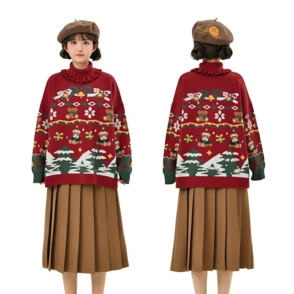 Słodki świąteczny sweterek z golfem w kształcie misia jesienne kawaii