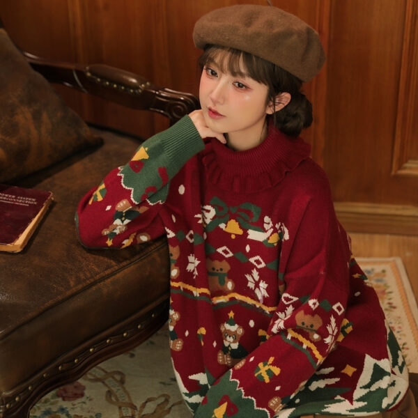 Suéter de cuello alto con osito navideño dulce otoño kawaii