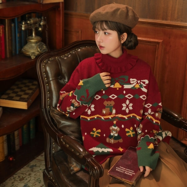 Słodki świąteczny sweterek z golfem w kształcie misia jesienne kawaii