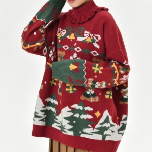 Dolce maglione a collo alto con orsetto natalizio autunno kawaii