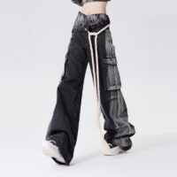 Czarno-szare dżinsy robocze z prostymi nogawkami w amerykańskim stylu Kawaii amerykańska