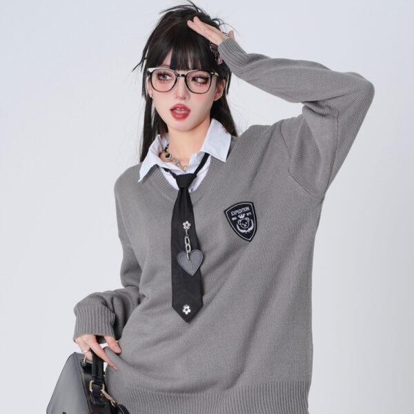 Двухсекционный свитер с воротником-поло в студенческом стиле осень каваи