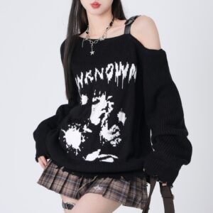 일본 하라주쿠 스타일 블랙 만화 자수 스웨터 블랙 카와이