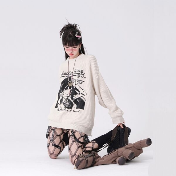 Luźny sweter w stylu japońskim z komiksowym haftem jesienne kawaii