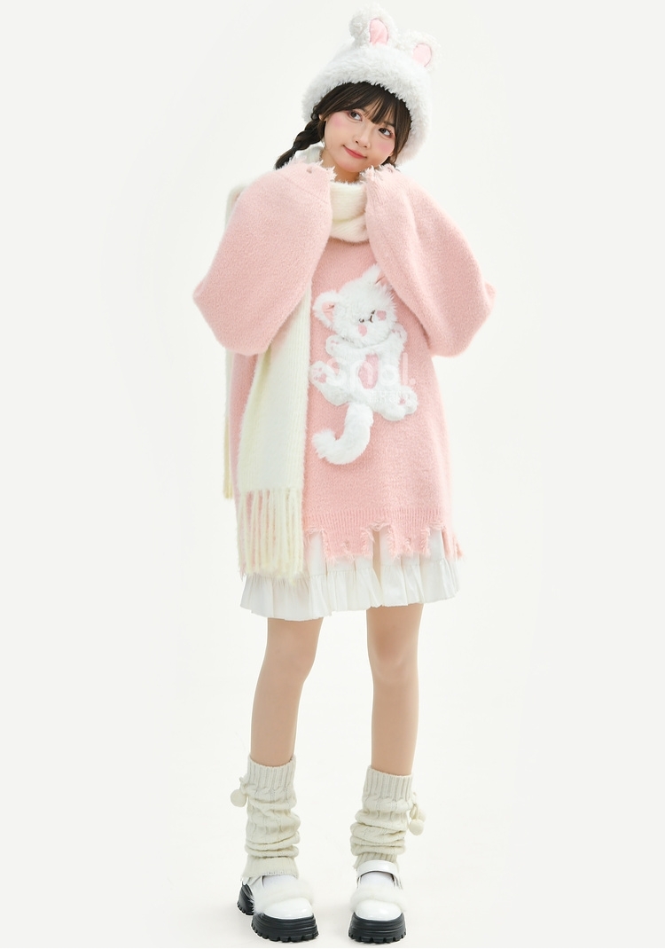 Kawaii Sweet Girly Pink Kitten Embroidered Sweater
