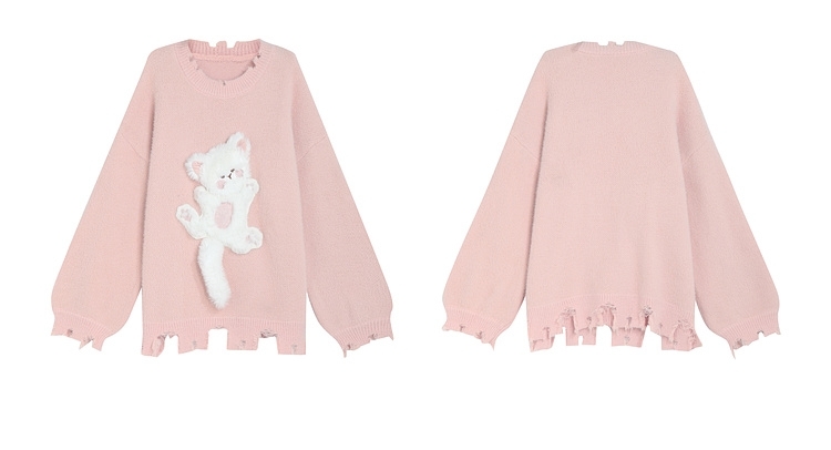 Kawaii słodki dziewczęcy różowy sweterek z haftowanym kotkiem