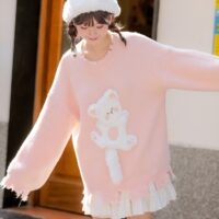 Maglione ricamato gattino rosa dolce ragazza Kawaii autunno kawaii