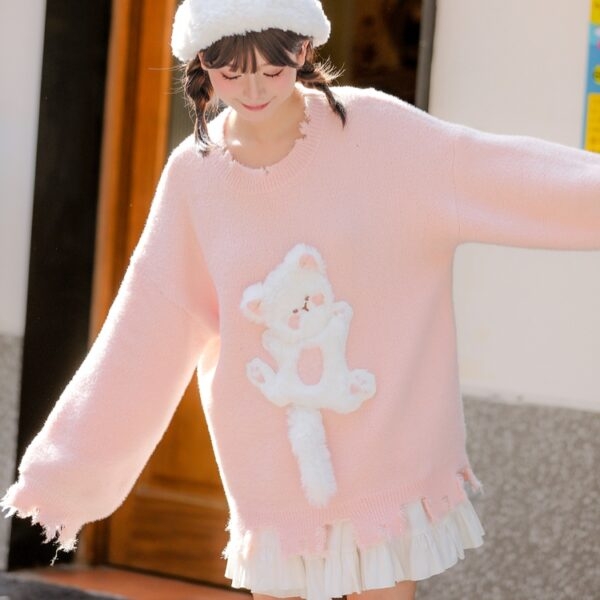 Kawaii słodki dziewczęcy różowy sweterek z haftowanym kotkiem jesienne kawaii