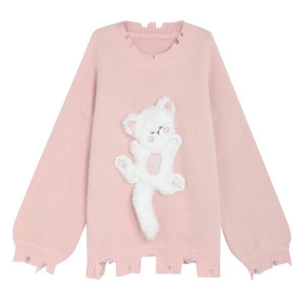 Kawaii Sweet Girly Pink Kitten Embroidered Sweater autumn kawaii
