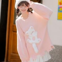 Suéter bordado de gatito rosa femenino dulce kawaii otoño kawaii