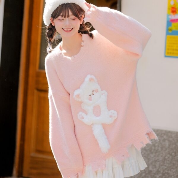 Kawaii słodki dziewczęcy różowy sweterek z haftowanym kotkiem jesienne kawaii