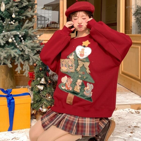 Kawaii Sweet Style Red Plus Velvet Christmas Sweatshirt Christmas kawaii