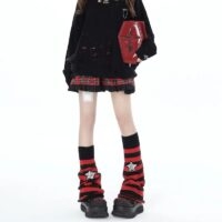 Red And Black Striped Mid Stars Pile Socks Hot Girl kawaii