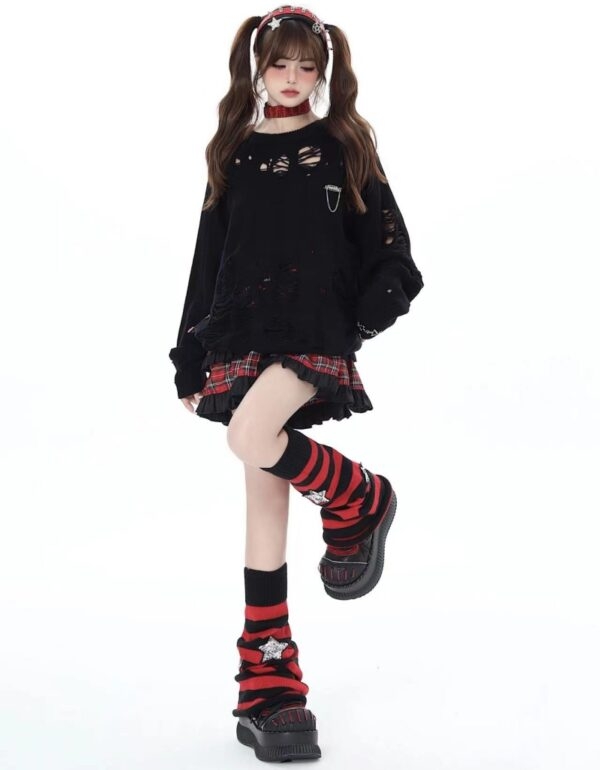Red And Black Striped Mid Stars Pile Socks Hot Girl kawaii