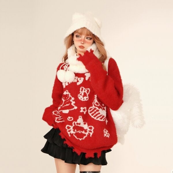 Süßer roter Pullover mit Hello-Kitty-Stickerei im weihnachtlichen Stil Herbst kawaii