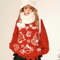 Słodki, czerwony, haftowany sweter Hello Kitty w świątecznym stylu jesienne kawaii