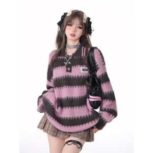 Sweet College Style Pull Violet Rayé Pull American kawaii