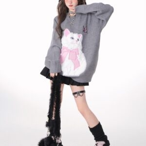 Sweet Girl Style Pink Cartoon Cat Embroidered Sweatshirt autumn kawaii